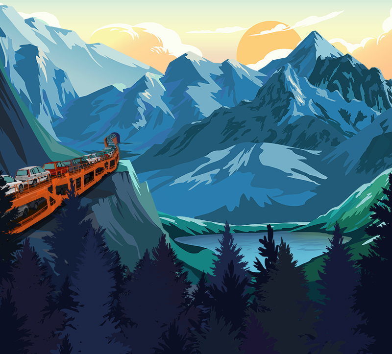 Train of cars traveling through the mountains.